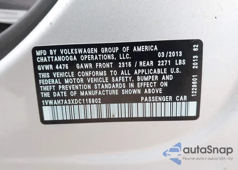 2013 Volkswagen Passat S из США, поврежденный, VIN 1VWAH7A3XDC115902